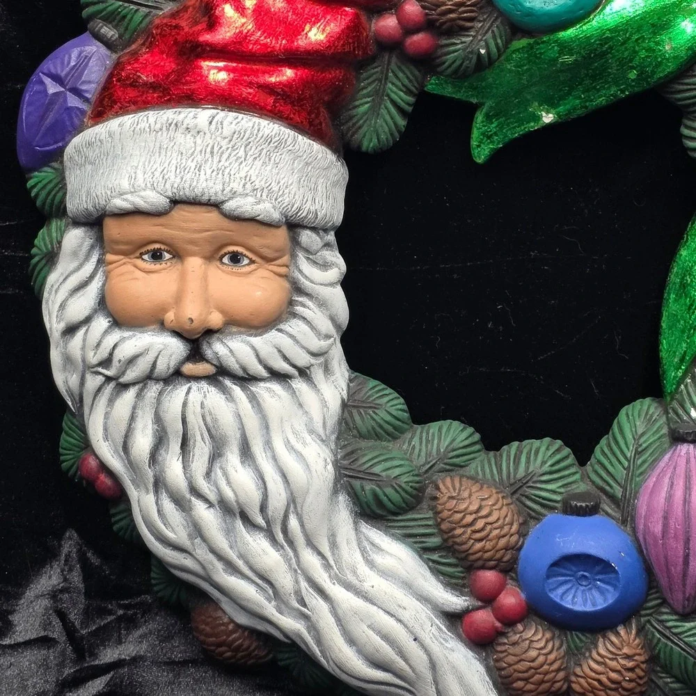 Vintage Ceramic Wreath‎ Hand Painted Santa Ornaments Bow Beautiful and Rustic